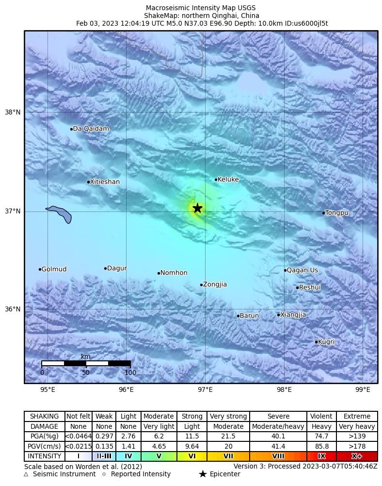 USGS ShakeMap intensity contours for the M5.0 earthquake near northern Qinghai, China