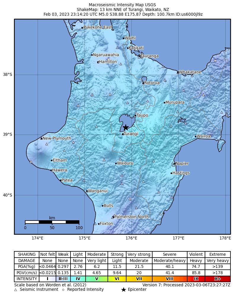 USGS ShakeMap intensity contours for the M5.0 earthquake near 13 km NNE of Turangi, New Zealand
