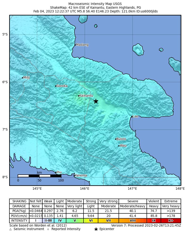 USGS ShakeMap intensity contours for the M5.8 earthquake near 42 km ESE of Kainantu, Papua New Guinea