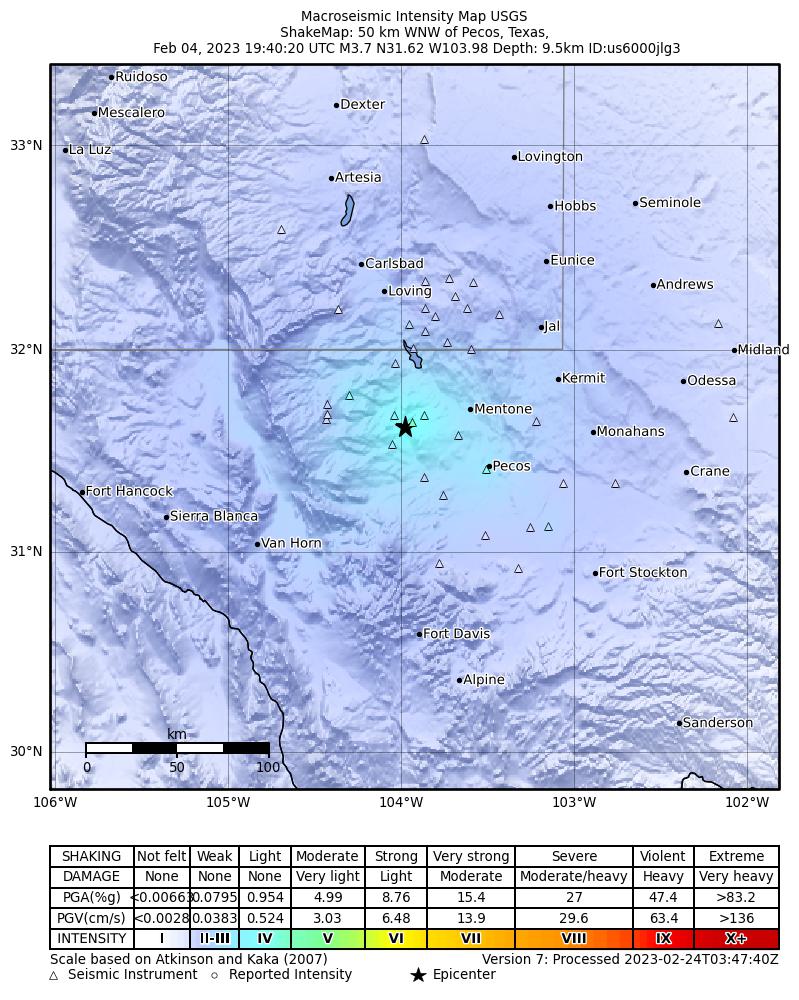 USGS ShakeMap intensity contours for the M3.7 earthquake near 37 km WSW of Mentone, Texas