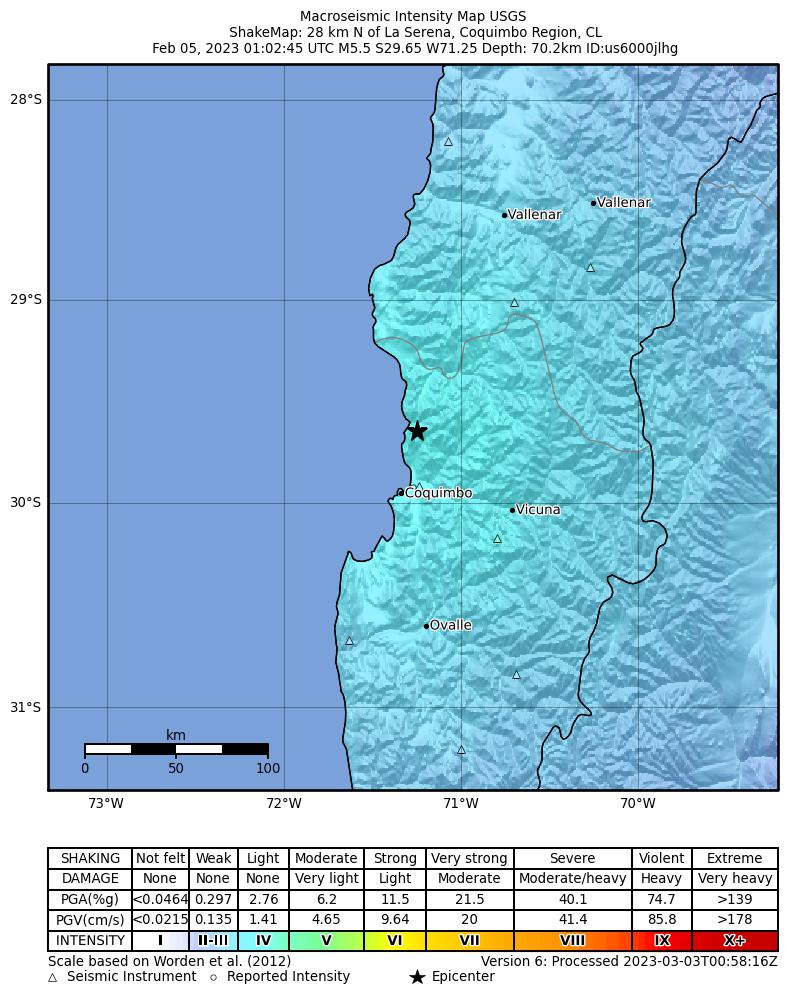 USGS ShakeMap intensity contours for the M5.5 earthquake near 28 km N of La Serena, Chile