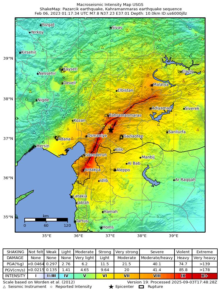 USGS ShakeMap intensity contours for the M7.8 earthquake near Pazarcik earthquake, Kahramanmaras earthquake sequence