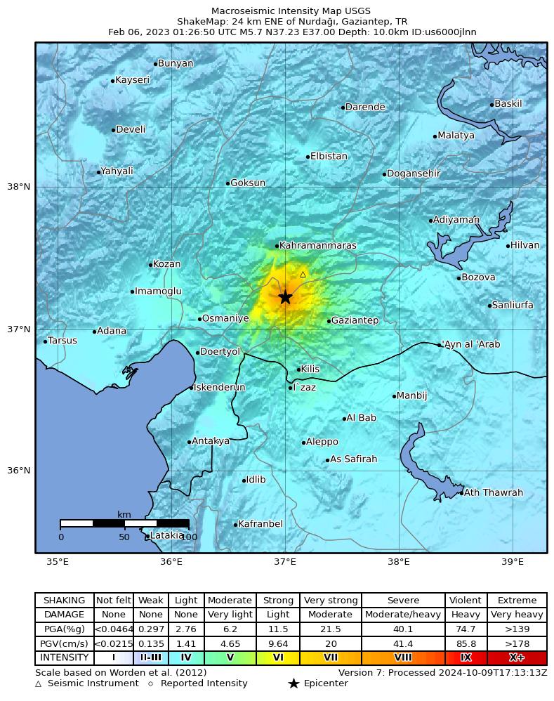 USGS ShakeMap intensity contours for the M5.7 earthquake near 24 km ENE of Nurda??, Turkey
