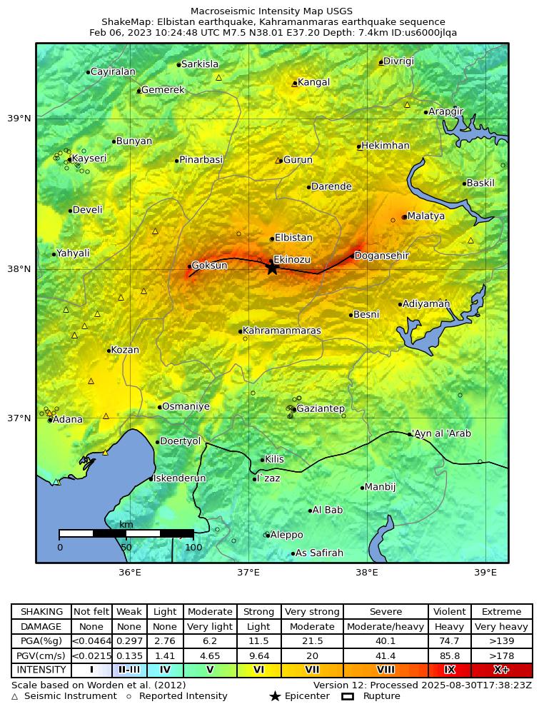 USGS ShakeMap intensity contours for the M7.5 earthquake near Elbistan earthquake, Kahramanmaras earthquake sequence