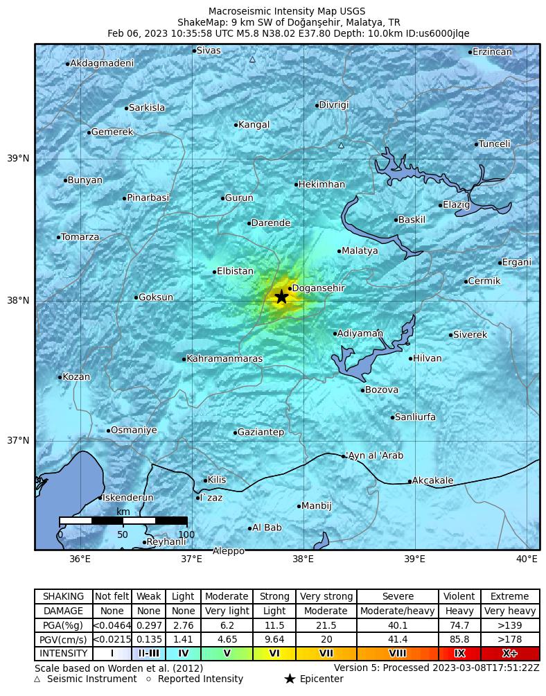USGS ShakeMap intensity contours for the M5.8 earthquake near 9 km SW of Do?an?ehir, Turkey