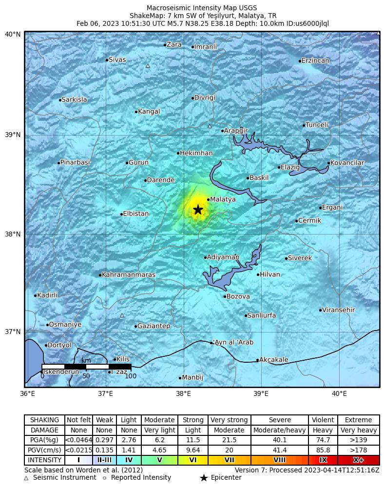 USGS ShakeMap intensity contours for the M5.7 earthquake near 7 km SW of Ye?ilyurt, Turkey
