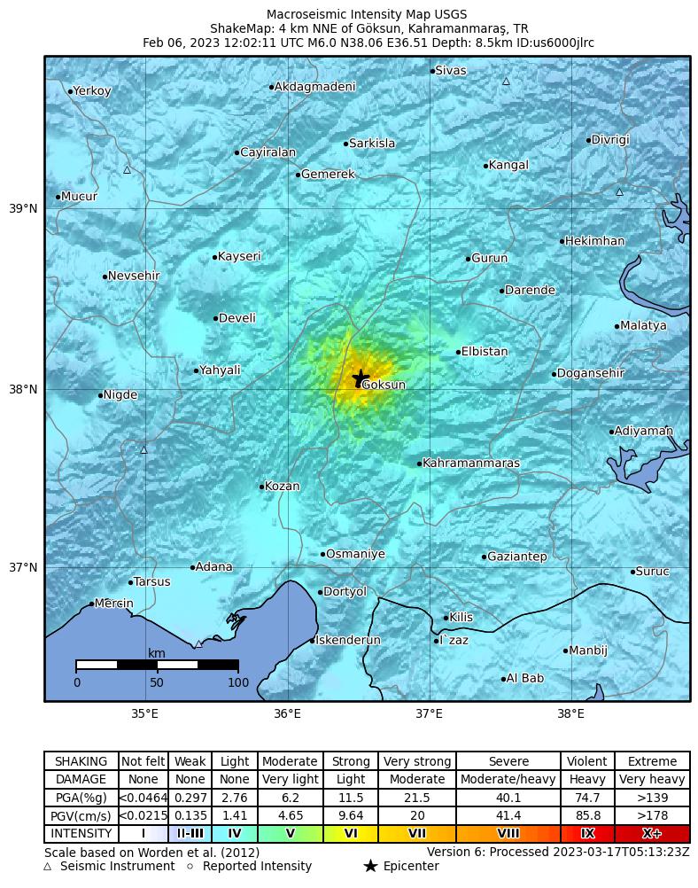 USGS ShakeMap intensity contours for the M6.0 earthquake near 4 km NNE of Göksun, Turkey