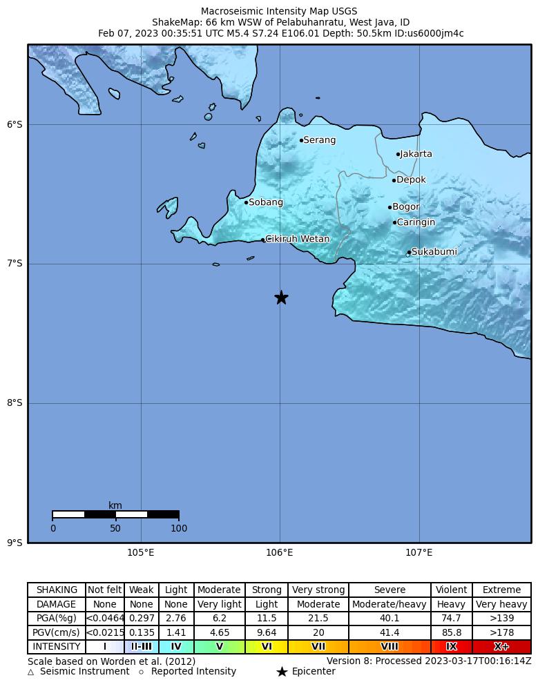 USGS ShakeMap intensity contours for the M5.4 earthquake near 66 km WSW of Pelabuhanratu, Indonesia