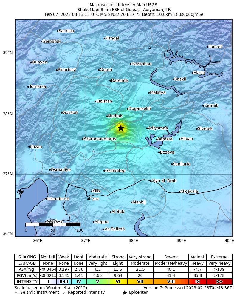 USGS ShakeMap intensity contours for the M5.5 earthquake near 8 km ESE of Gölba??, Turkey