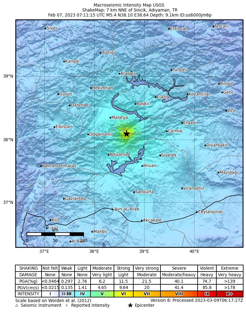 USGS ShakeMap intensity contours for the M5.4 earthquake near 7 km NNE of Sincik, Turkey
