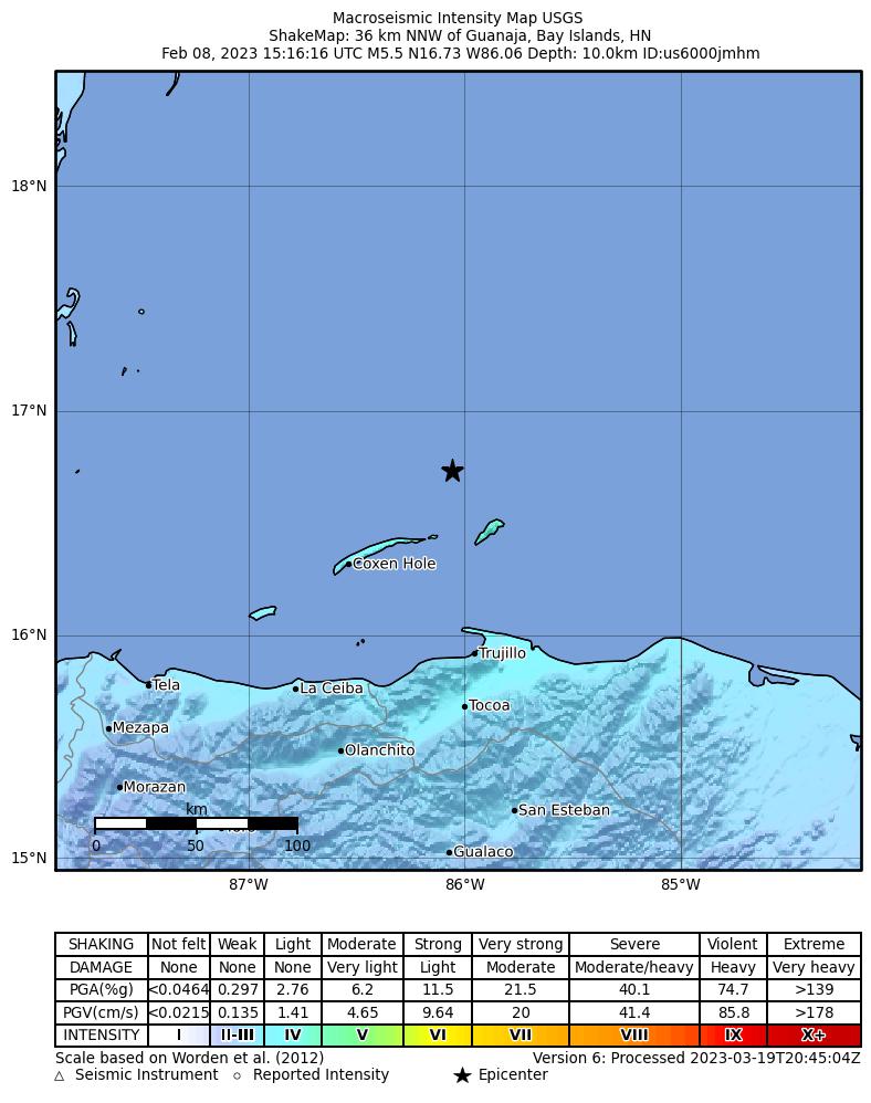 USGS ShakeMap intensity contours for the M5.5 earthquake near north of Honduras