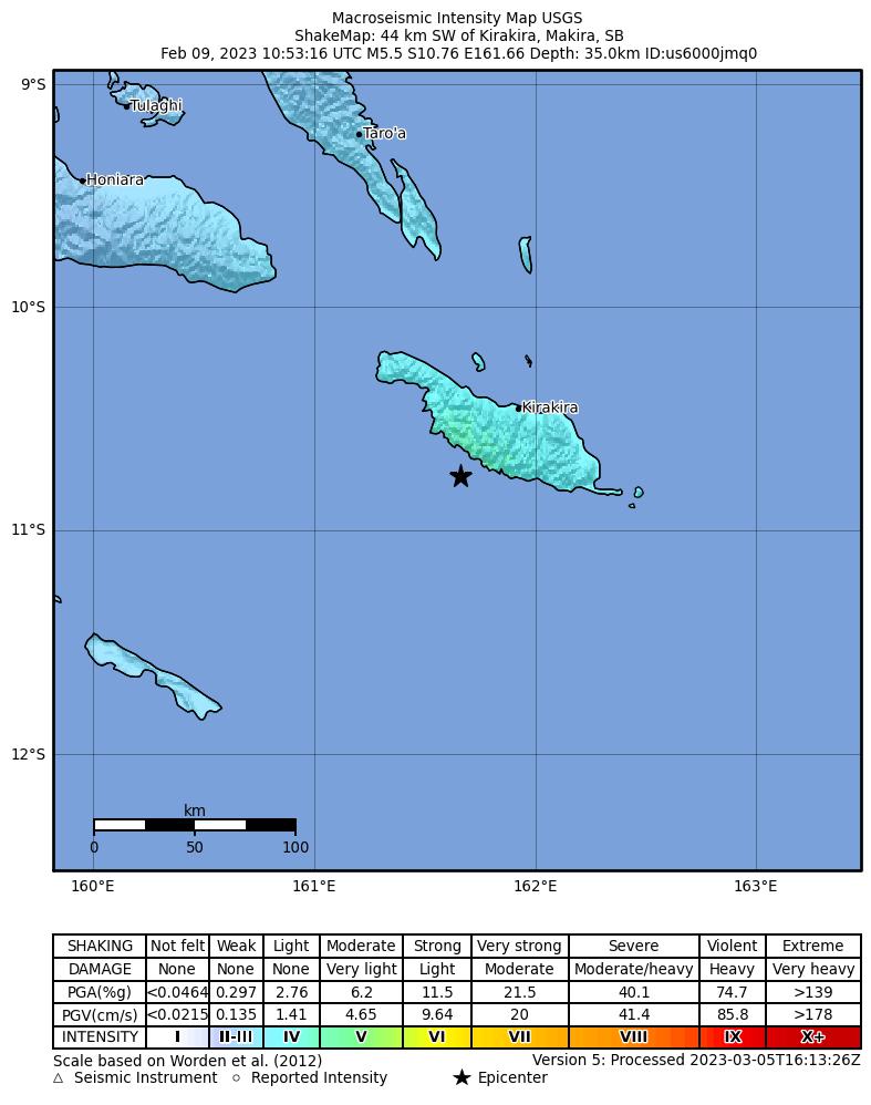 USGS ShakeMap intensity contours for the M5.5 earthquake near 44 km SW of Kirakira, Solomon Islands