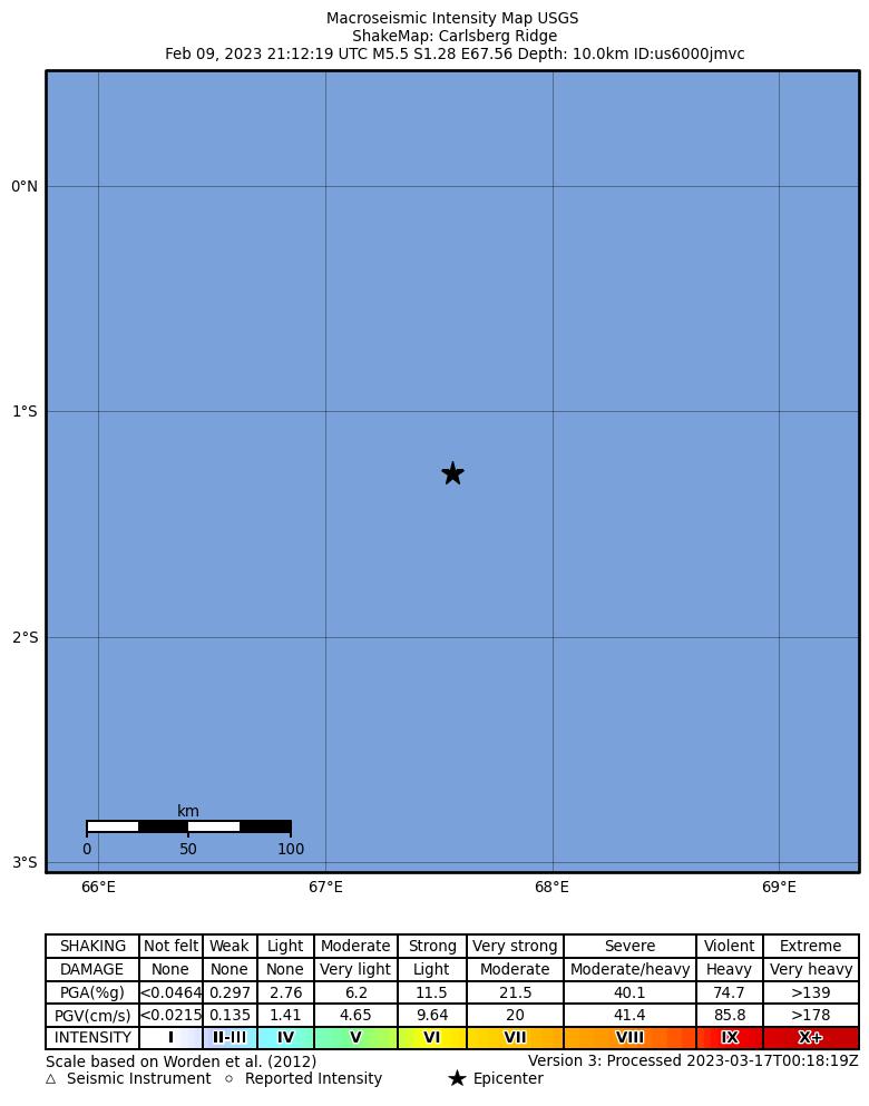 USGS ShakeMap intensity contours for the M5.5 earthquake near Carlsberg Ridge