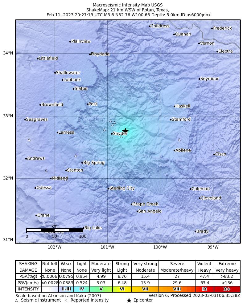 USGS ShakeMap intensity contours for the M3.5 earthquake near 16 km NE of Hermleigh, Texas