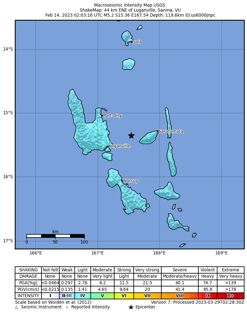 USGS ShakeMap intensity contours for the M5.2 earthquake near 44 km ENE of Luganville, Vanuatu