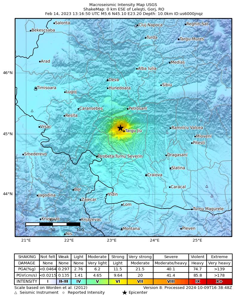 USGS ShakeMap intensity contours for the M5.6 earthquake near 0 km ESE of Lele?ti, Romania