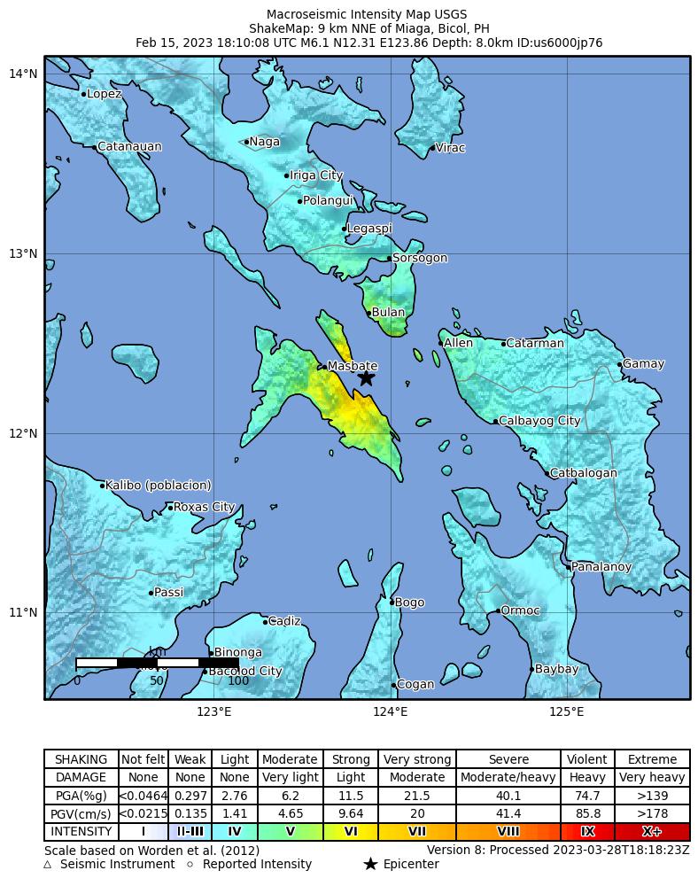 USGS ShakeMap intensity contours for the M6.1 earthquake near 9 km NNE of Miaga, Philippines