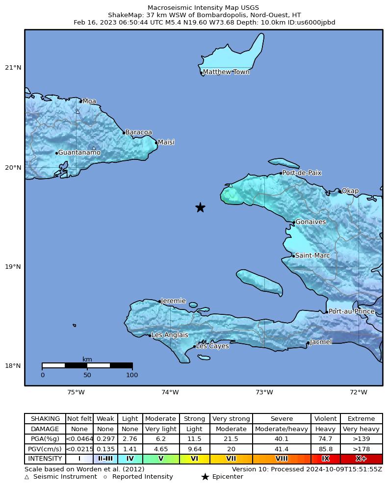 USGS ShakeMap intensity contours for the M5.4 earthquake near 37 km WSW of Bombardopolis, Haiti