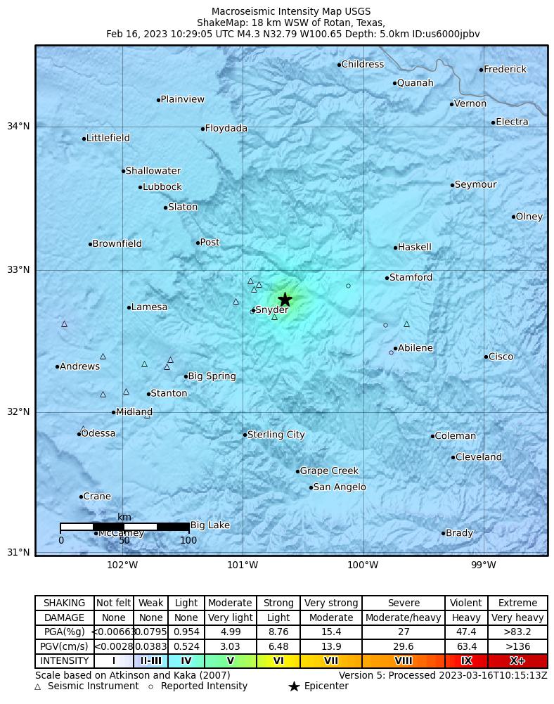 USGS ShakeMap: estimated shaking intensity around the epicenter