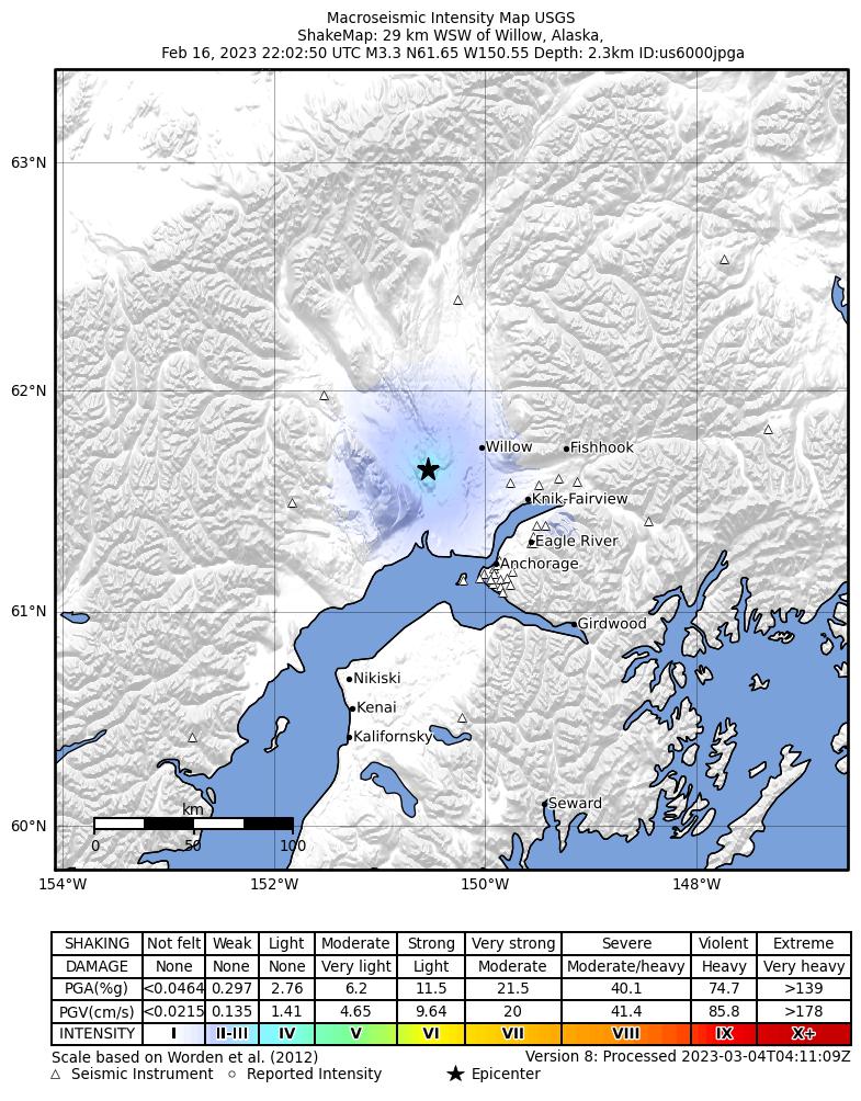 USGS ShakeMap intensity contours for the M3.1 earthquake near 12 km N of Susitna, Alaska