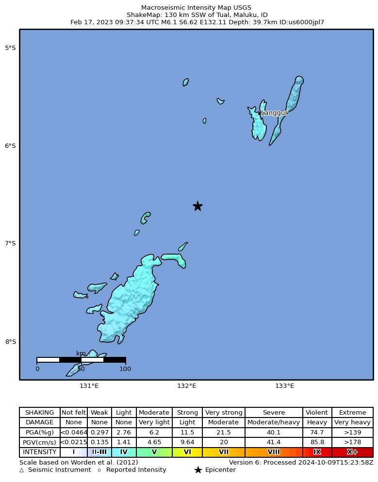 USGS ShakeMap intensity contours for the M6.1 earthquake near 130 km SSW of Tual, Indonesia