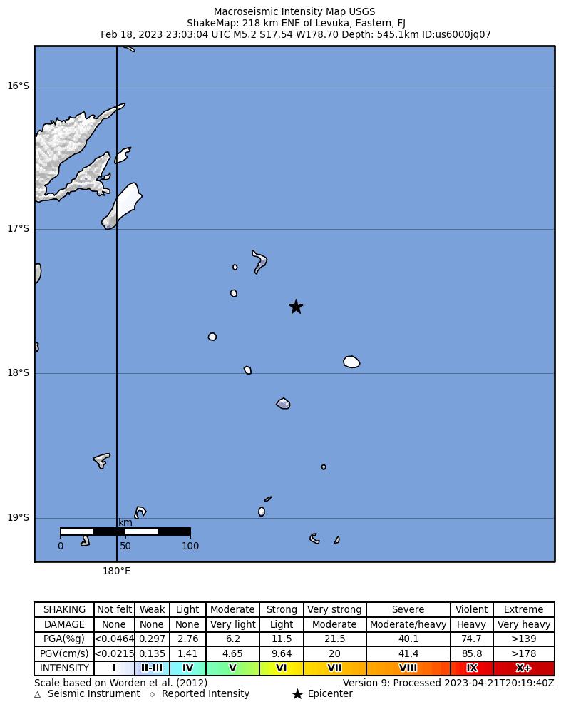 USGS ShakeMap intensity contours for the M5.2 earthquake near Fiji region