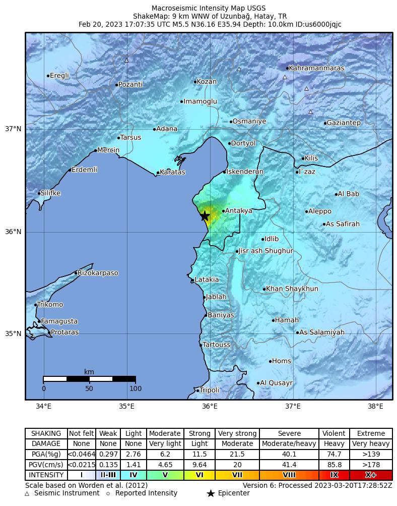 USGS ShakeMap intensity contours for the M5.5 earthquake near 9 km WNW of Uzunba?, Turkey