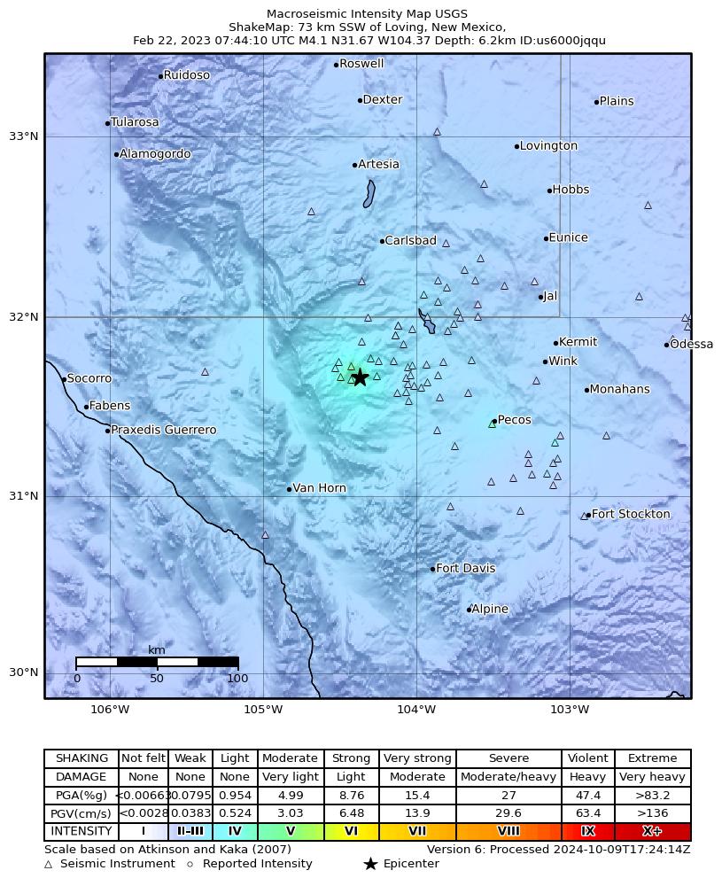 USGS ShakeMap: estimated shaking intensity around the epicenter