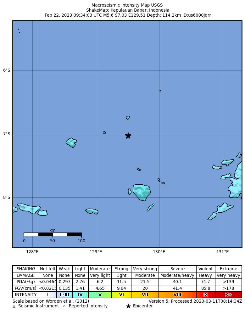 USGS ShakeMap intensity contours for the M5.6 earthquake near Kepulauan Babar, Indonesia