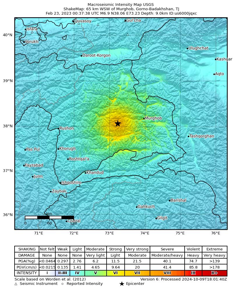 USGS ShakeMap intensity contours for the M6.9 earthquake near 65 km WSW of Murghob, Tajikistan