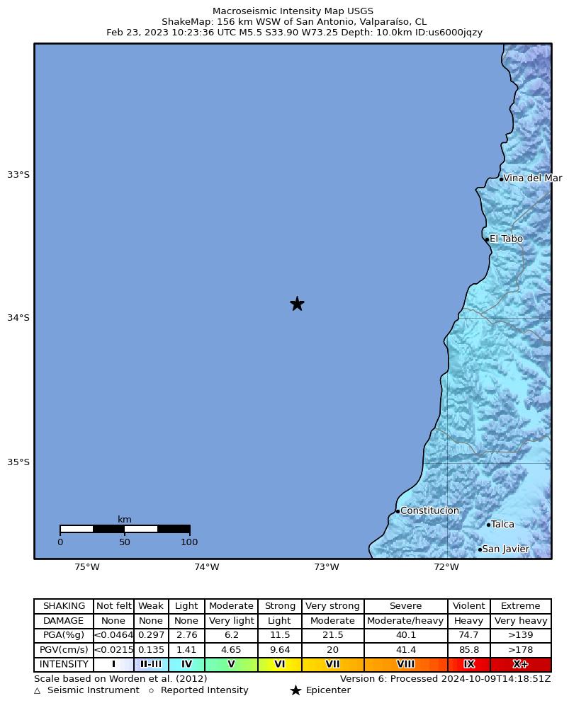 USGS ShakeMap intensity contours for the M5.5 earthquake near 156 km WSW of San Antonio, Chile