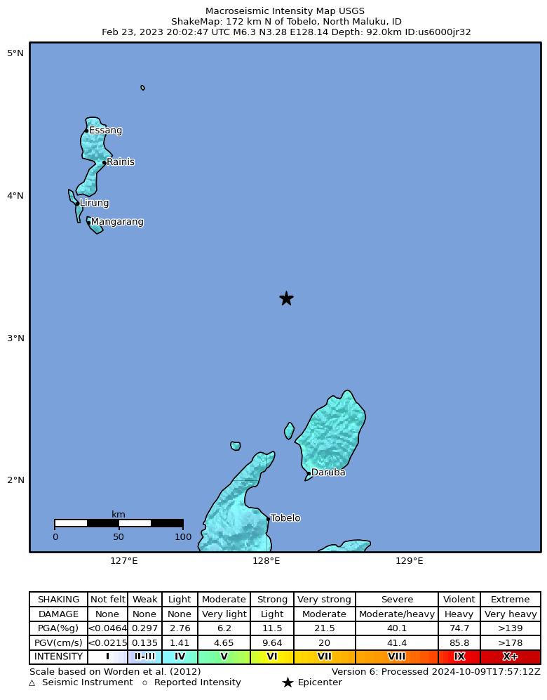 USGS ShakeMap intensity contours for the M6.3 earthquake near 172 km N of Tobelo, Indonesia