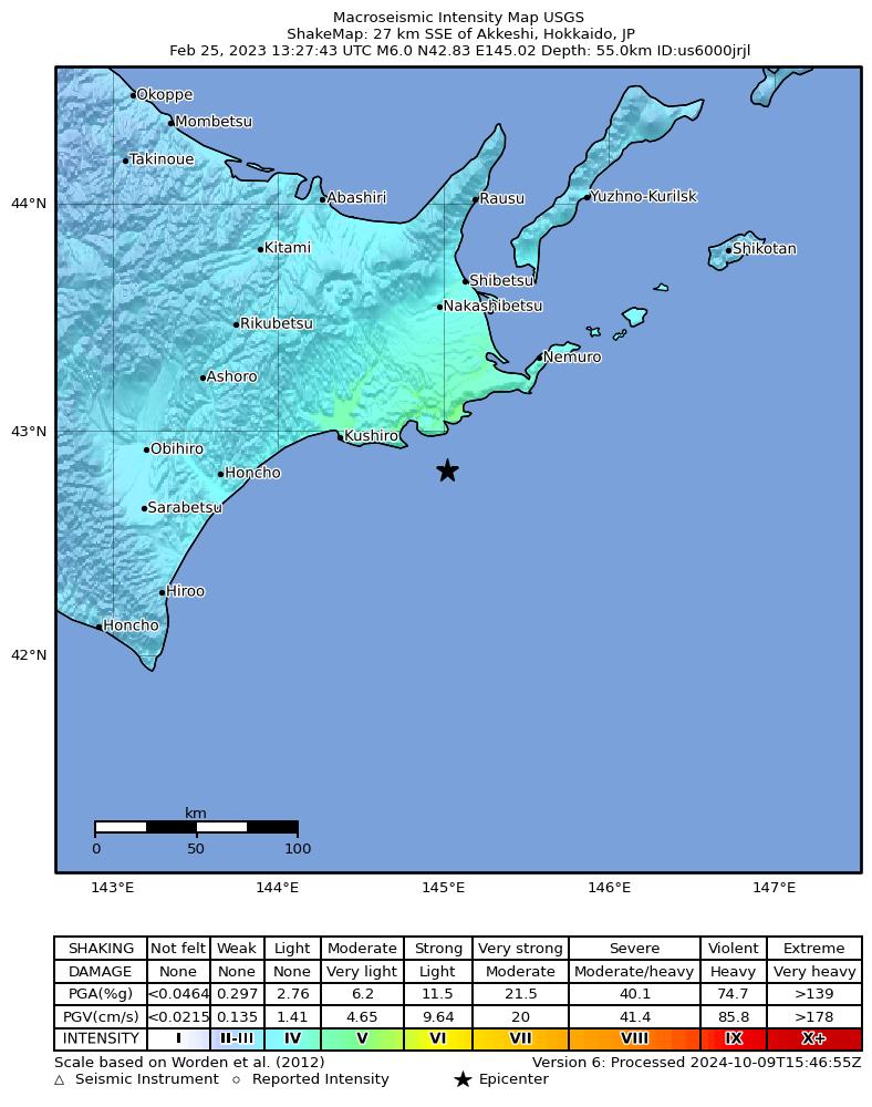 USGS ShakeMap intensity contours for the M6.0 earthquake near Hokkaido, Japan region