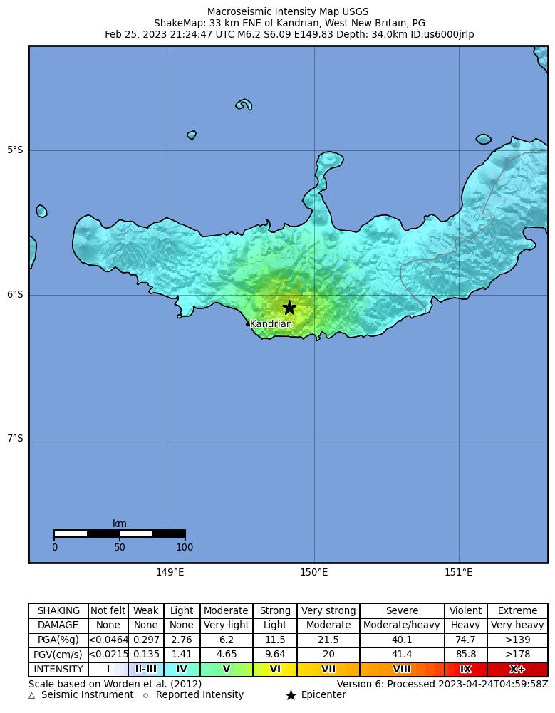USGS ShakeMap intensity contours for the M6.2 earthquake near 33 km ENE of Kandrian, Papua New Guinea