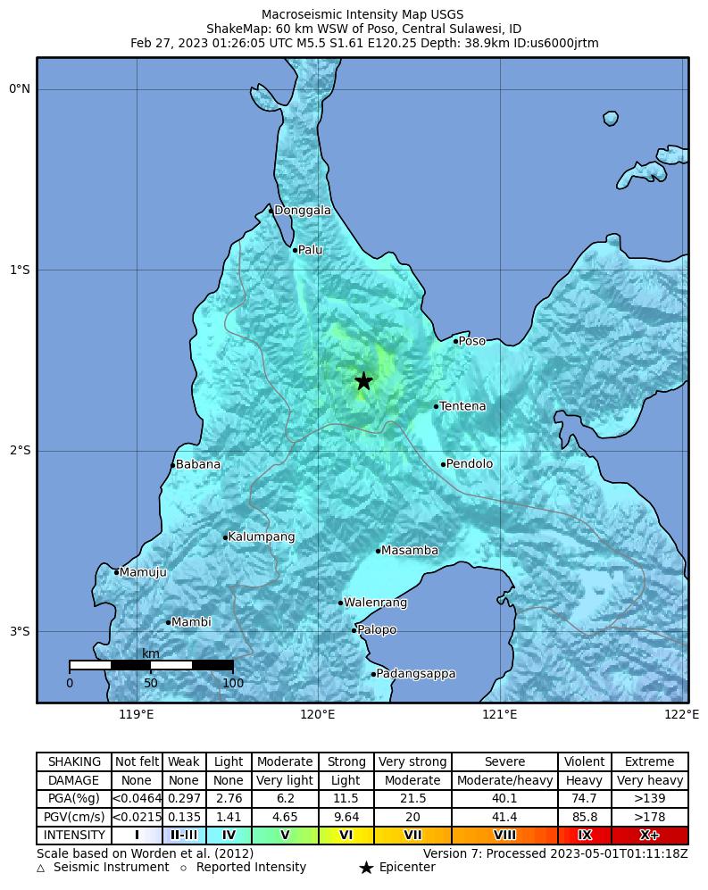 USGS ShakeMap intensity contours for the M5.5 earthquake near 60 km WSW of Poso, Indonesia