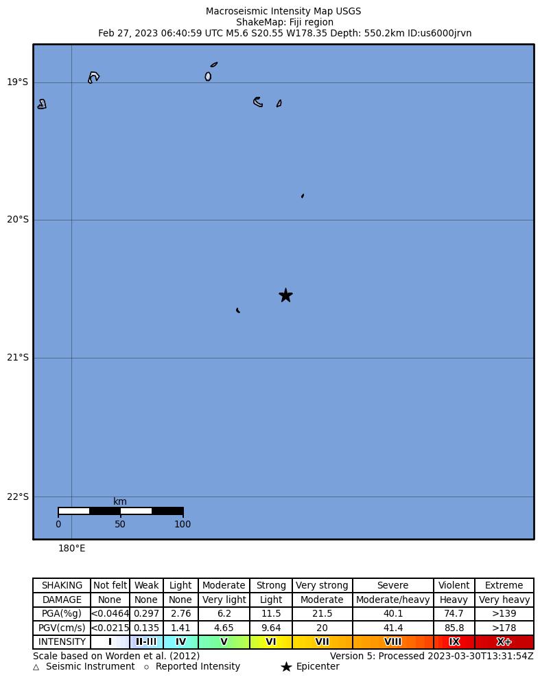 USGS ShakeMap intensity contours for the M5.6 earthquake near Fiji region