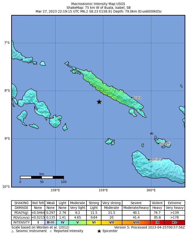 USGS ShakeMap intensity contours for the M6.2 earthquake near Solomon Islands