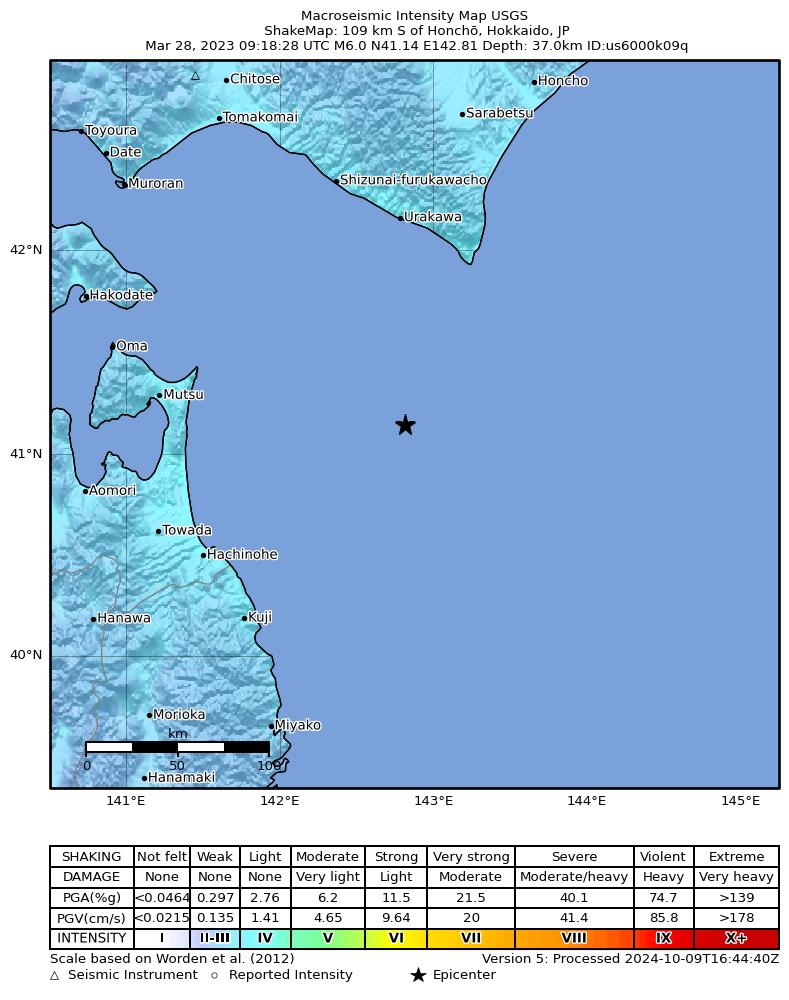USGS ShakeMap intensity contours for the M6.0 earthquake near Hokkaido, Japan region