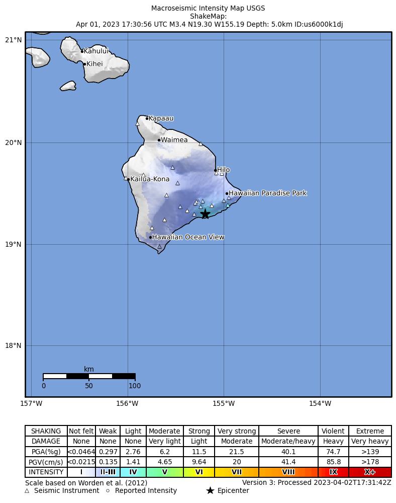 USGS ShakeMap intensity contours for the M3.4 earthquake near Island of Hawaii, Hawaii