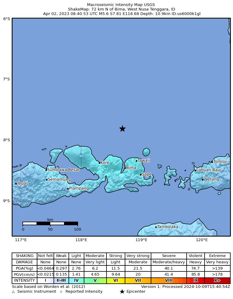 USGS ShakeMap intensity contours for the M5.6 earthquake near 72 km N of Bima, Indonesia