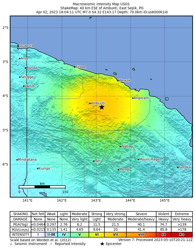 USGS ShakeMap intensity contours for the M7.0 earthquake near 40 km ESE of Ambunti, Papua New Guinea