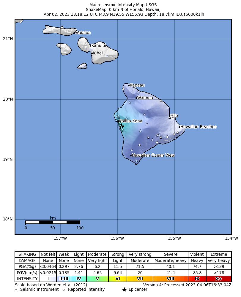 USGS ShakeMap intensity contours for the M3.8 earthquake near 0 km S of Honalo, Hawaii