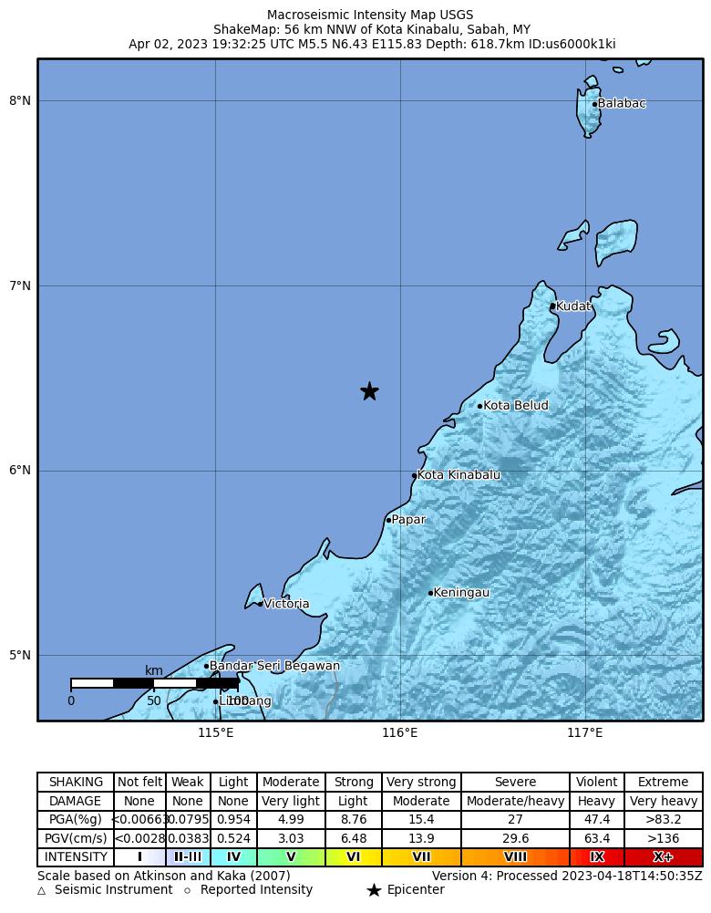 USGS ShakeMap intensity contours for the M5.5 earthquake near 56 km NNW of Kota Kinabalu, Malaysia