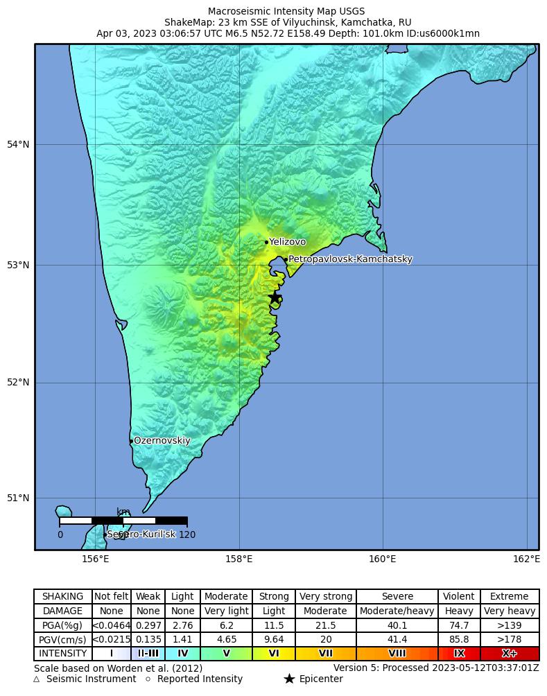 USGS ShakeMap intensity contours for the M6.5 earthquake near 23 km SSE of Vilyuchinsk, Russia