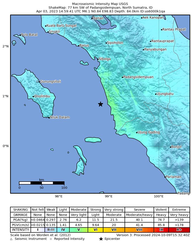 USGS ShakeMap intensity contours for the M6.1 earthquake near 77 km SW of Padangsidempuan, Indonesia