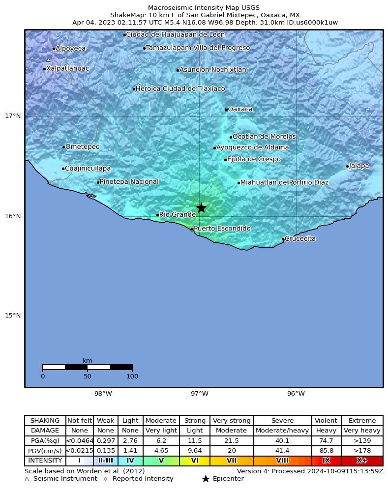 USGS ShakeMap intensity contours for the M5.4 earthquake near 10 km E of San Gabriel Mixtepec, Mexico