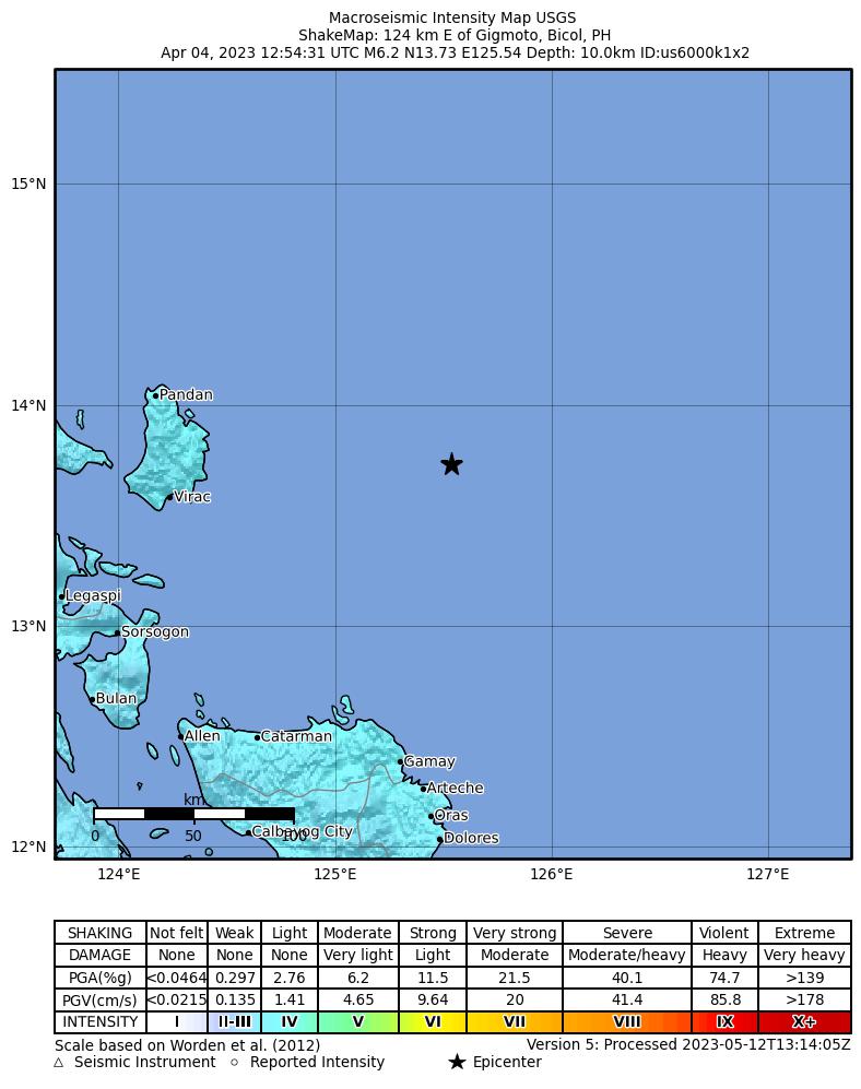 USGS ShakeMap intensity contours for the M6.2 earthquake near 124 km E of Gigmoto, Philippines