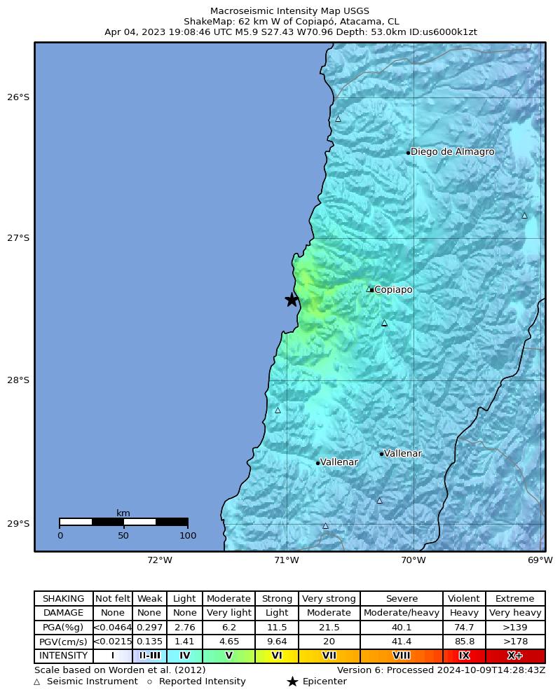 USGS ShakeMap intensity contours for the M5.9 earthquake near 62 km W of Copiapó, Chile
