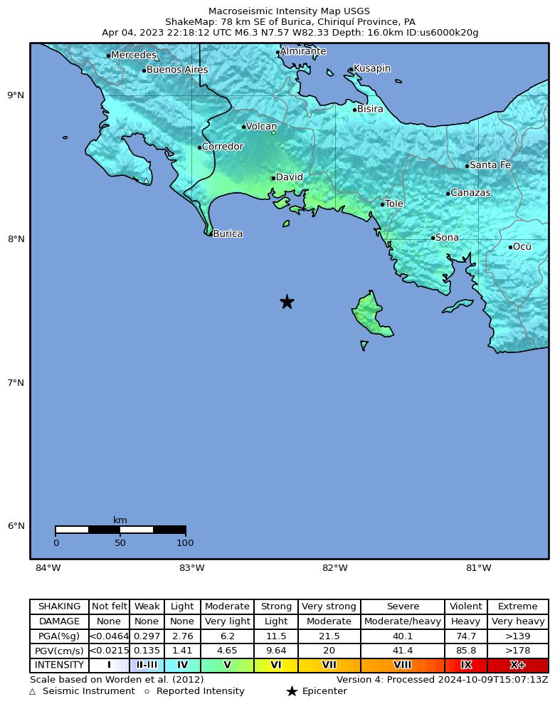 USGS ShakeMap intensity contours for the M6.3 earthquake near 73 km S of Boca Chica, Panama