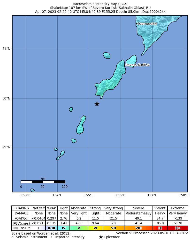 USGS ShakeMap intensity contours for the M5.8 earthquake near 107 km SW of Severo-Kuril’sk, Russia